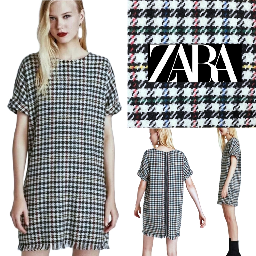 S/M ZARA Tweed Boucle Dress in Houndstooth Check Pattern with Fringe Hem